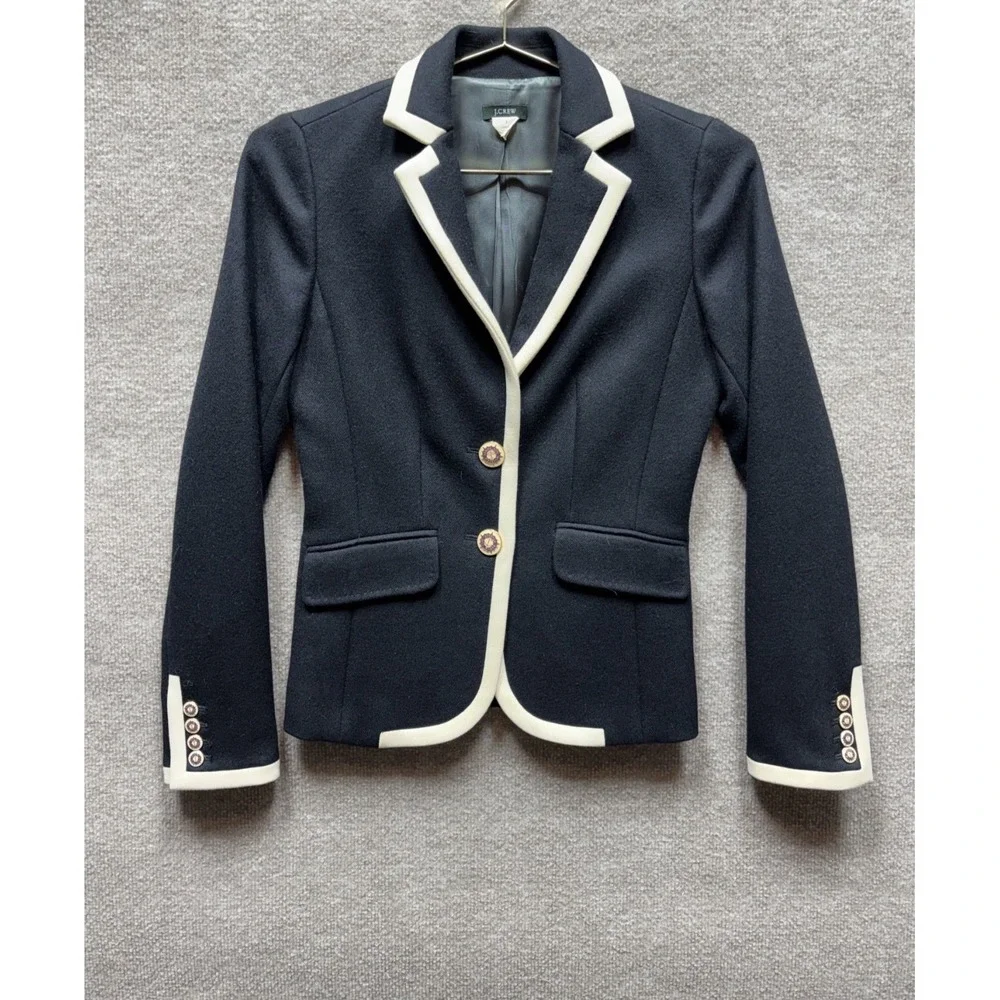 J. Crew Schoolgirl Blazer Jacket Tipped Wool Deep Navy and Light Mauve Trim